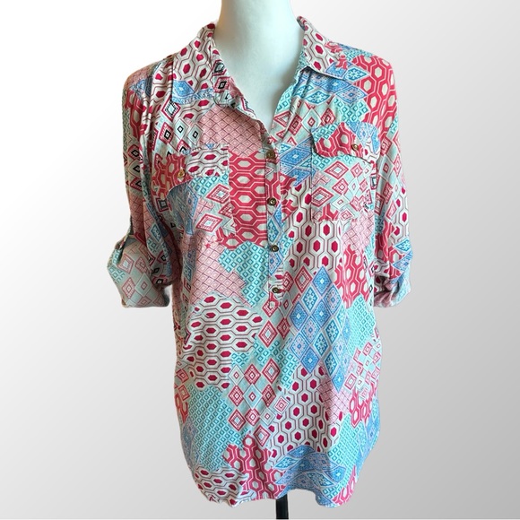 Talbots Top Women’s Large Blue Pink Retro Pattern‎ 100% Rayon with Tab Sleeves - Picture 1 of 10